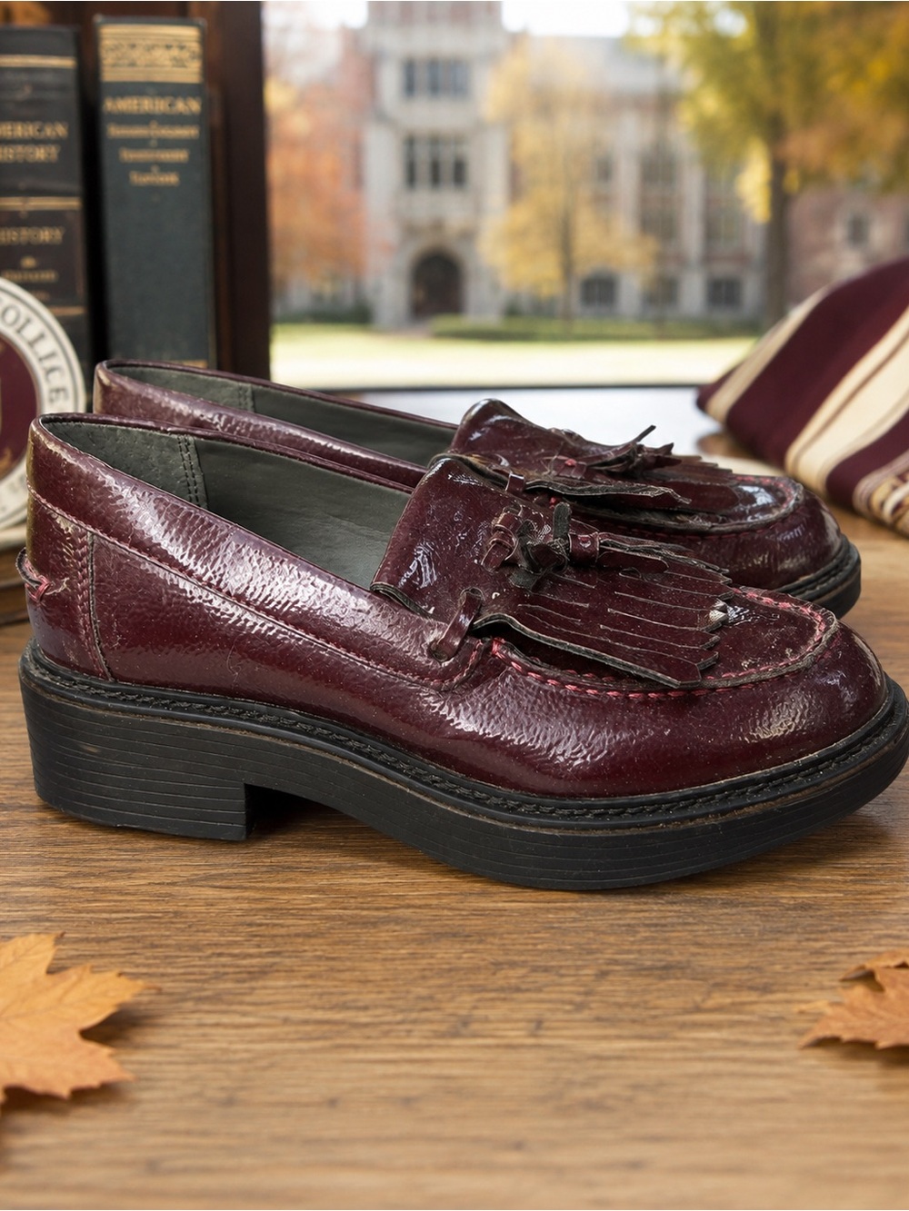 Franco Sarto Tassel Loafer Platform Shoes - Burgundy Patent EUC SZ 8 - Picture 4 of 6
